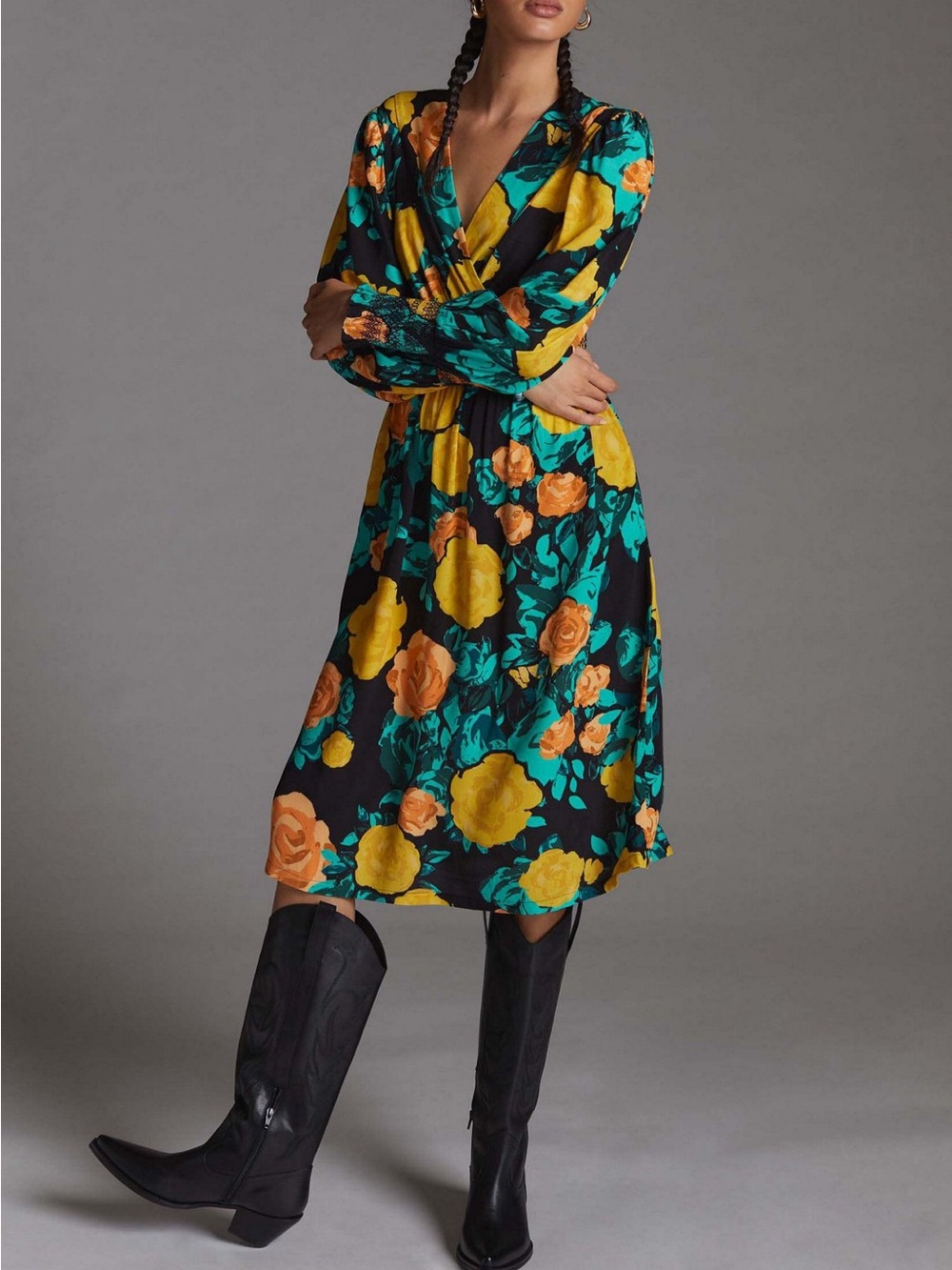 Tracy Reese Black Floral Wrap Midi Dress with Yellow & Teal Blooms Size M